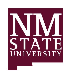 NMSU logo saying NM State inside aggie red state shape.